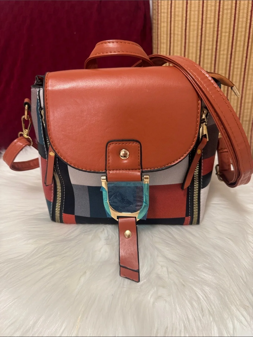 Women’s Tan Plaid Crossbody Bag with Gold Accent